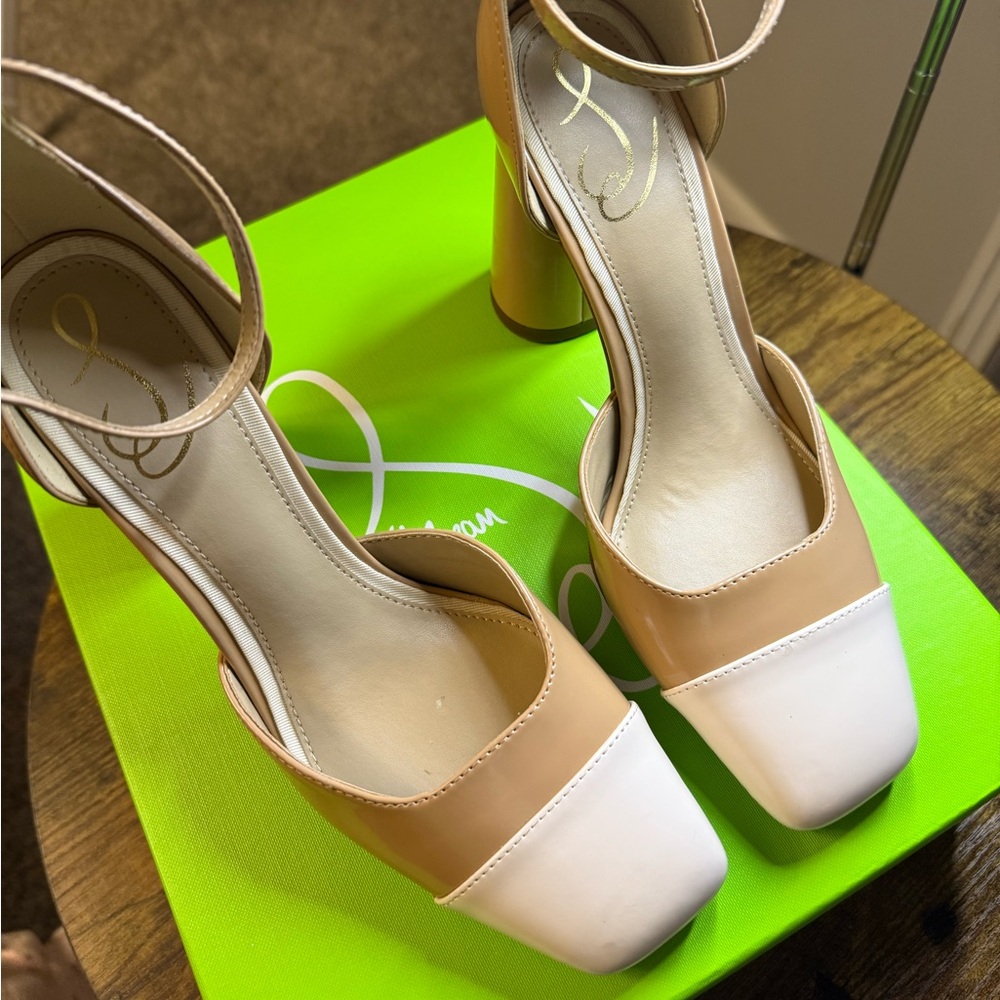 Sam Edelman Two-Tone Beige and White Block Heel Sandals